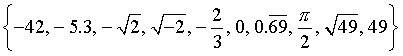 { -42, -5.3, -sqrt(2), sqrt(-2), -2/3,
  0, 0.696969..., pi/2, sqrt(49), 49}