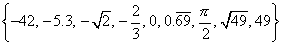 { -42, -5.3, -sqrt(2), -2/3, 0, 0.696969..., pi/2, sqrt(49), 49 }