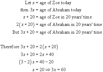 x = Zoe's age today
 -->  3x + 20  =  2(x+20)