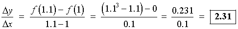 [f(1.1) - f(1)] / [1.1 - 1] = (0.231)/0.1 = 2.31
