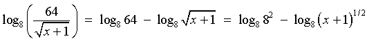 = log_8(64) - log_8(sqrt{x+1}) = log_8(8^2) - log_8(x+1)^(1/2)
