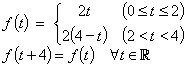 f(t) = {2t, 0<=t<=2 ; 2*(4-t), 2<t<4}
          f(t+4) = f(t)  for all t