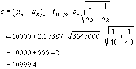 c  =  (muR - muB)o  +  t_.01,78 * sP * sqrt{1/nB + 1/nR}
  = 10000 + 2.37... * sqrt{3545000 * (1/40 + 1/40)} 
        = 10999.4...