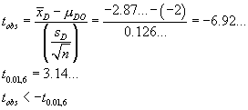 t_obs  =  (xBarD - muDo) / (sD/sqrt{n})
     = -6.92...
 t_.01,6 = 3.14
 t_obs < -t_.01,6