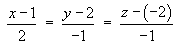 (x-1)/2 = (y-2)/(-1) = (z-(-2))/(-1)