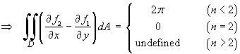Integral  =  { 2 pi (n<2);  0 (n=2);  undefined else}