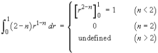 Integ (2-n)r^(1-n) dr = 1 for n < 2 only