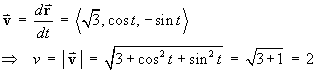 velocity = < sqrt{3}, cos t, -sin t >
       ==>    speed = 2