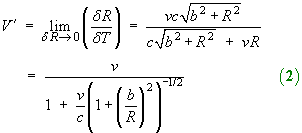 V' = v / (1 + (v/c) sqrt{1 + (b/R)^2}^(-1/2))