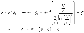 theta1 < theta < theta2  where
    theta1 = Arcsin(U / [v sqrt{1 + (U/c)^2}]) - zeta
    theta2 = pi - theta1 - 2 zeta