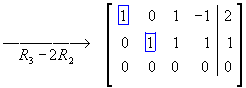 reduced row-echelon form = 
[ 1 0 1 -1 | 2 ]
[ 0 1 1  1 | 1 ]
[ 0 0 0  0 | 0 ]