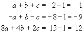 a + b + c = 1
-a + b - c = -9
8a + 4b + 2c = 12