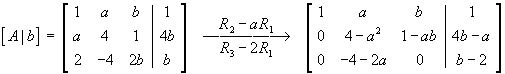 [A|b] = 
[ 1    a    b   |   1  ]
[ 0  4-a^2 1-ab | 4b-a ]
[ 0  -4-2a  0   |  b-2 ]