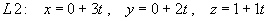 L2:  x = 3t,  y = 2t,  z = 1 + t