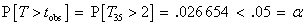 P[T > t_obs] = .026654 < alpha