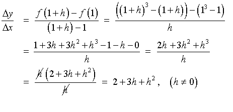 [f(1+h) - f(1)] / [(1+h) - 1]
    =  [{(1+h)^3 - (1+h)} - {1^3 - 1}] / h
    =  (1 + 3h + 3h^2 + h^3 - 0) / h
    =  h(2 + 3h + h^2)/h
    =  2 + 3h + h^2