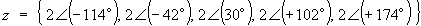 z = {2*Angle(each of{-114, -42, 30, 102, 174}deg)}