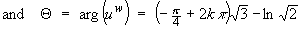 and  T = arg(u^w) = exp(j*((2*k*pi-pi/4)*sqrt{3} - ln(sqrt{2}))