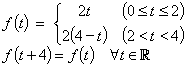 f(t) = {2t, 0<=t<=2 ; 2*(4-t), 2<t<4}
          f(t+4) = f(t)  for all t