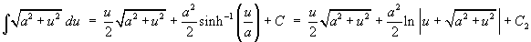 Integ { sqrt(a^2 + u^2) du }
 = u/2 * sqrt(a^2 + u^2) + a^2/2 * Arcsinh(u/a) + C