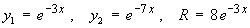 y1 = e^(-3x),  y2 = e^(-7x),  R = 8 e^(-3x)