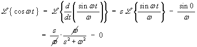 L{ cos wt } = L { (sin wt / w)' }
 =   s L{ (sin wt)/w } - 0