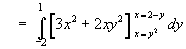 = Integral(-2 to 1) [3x^2 + 2xy^2](x = y^2 to 2-y) dx dy