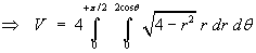 V = 4 *
   Integral(0 to pi/2)(0 to 2 cos t) sqrt(4 - r^2) r dr dt