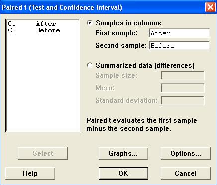 Paired t dialog box