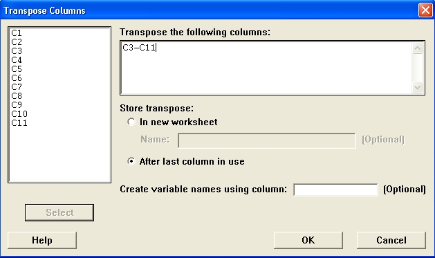 Transpose Columns dialog box