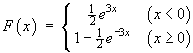 F(x) = { (1/2)exp(3x)    (x < 0); 
     1 - (1/2)exp(-3x)    (x >= 0) }