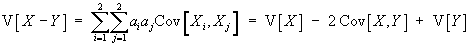 V[X-Y]  =  V[X] - 2*Cov[X, Y] + V[Y]