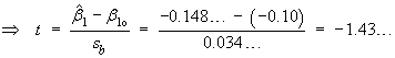 t = (beta1Hat - beta1o) / sb  =  -1.43...