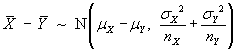 Xbar - Ybar ~ N(mu_X - mu_Y, sigma_X^2/50 + sigma_Y^2/90)