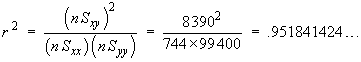 r^2 = Sxy^2 / (Sxx*Syy) = ... = .951...