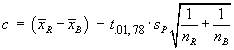 c  =  (xBarR - xBarB)  -  t_.01,78 * sP * sqrt{1/nR + 1/nB}