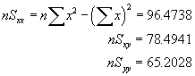 n Sxx = 96.4738
n Sxy = 78.4941
n Syy = 65.2028