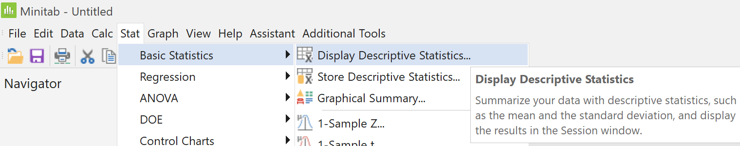 menu for summary statistics