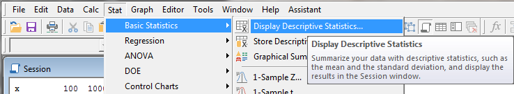 menu for summary statistics