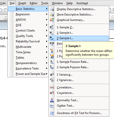 Menu to 2-Sample t