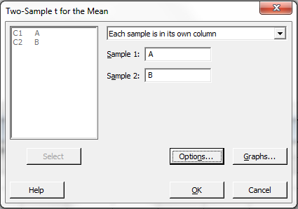 2-Sample t dialog box