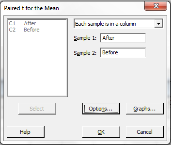Paired t dialog box