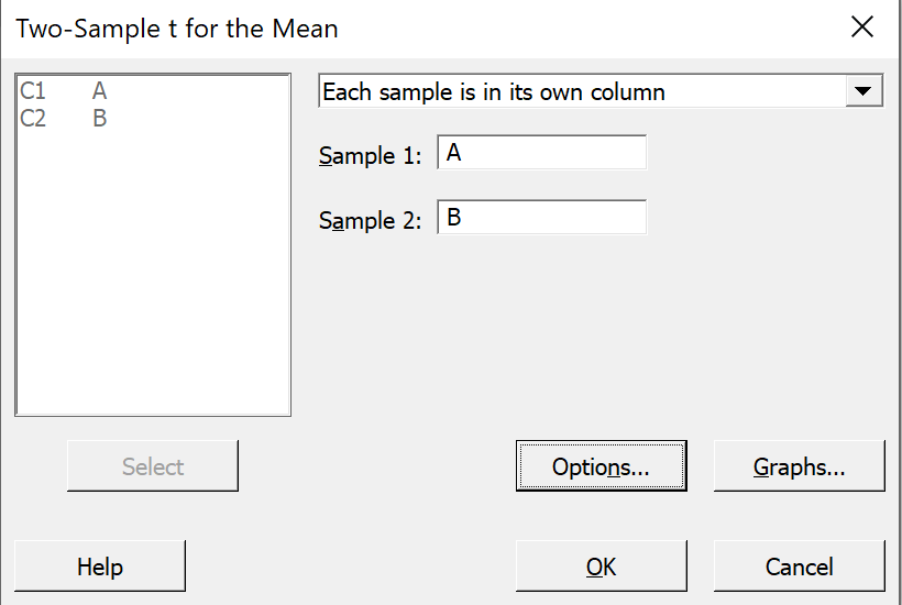 2-Sample t dialog box