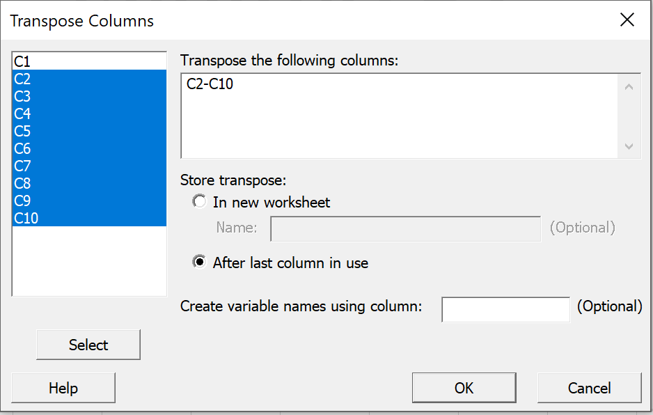 Transpose Columns dialog box