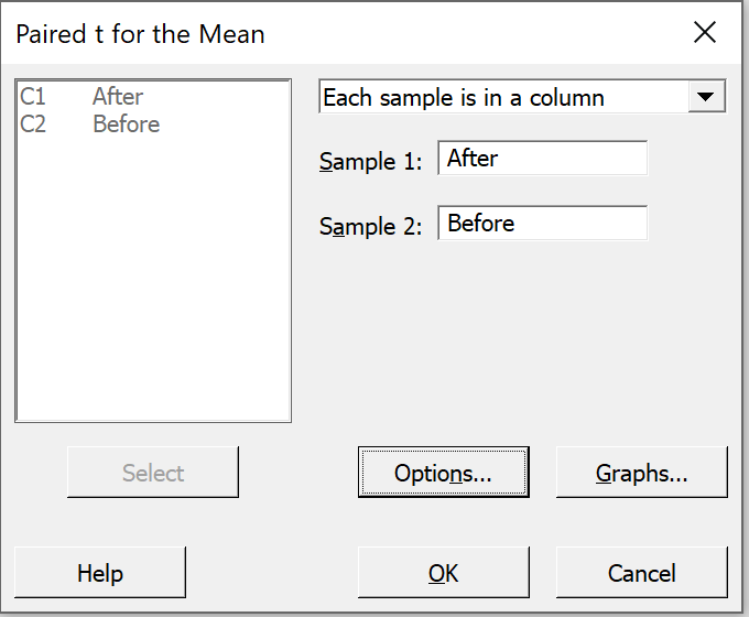 Paired t dialog box