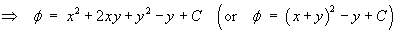 potential function phi = x^2 + 2xy + y^2 - y + C