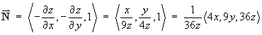 vector N = < 4x, 9y, 36z > / (36z)