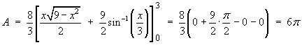 Integral of sqrt{9 - x^2} = 
    [x sqrt{9 - x^2} / 2  +  9 Arcsin(x/3) / 2]  =  6 pi