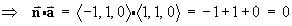 ==> n dot a = < -1,1,0 > dot < 1,1,0 >
        = -1 + 1 + 0 = 0