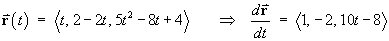 vector r  =  < t, 2 - 2t, 5t^2 - 8t + 4 >
     ==>  dr/dt = < 1, -2, 10t - 8 >